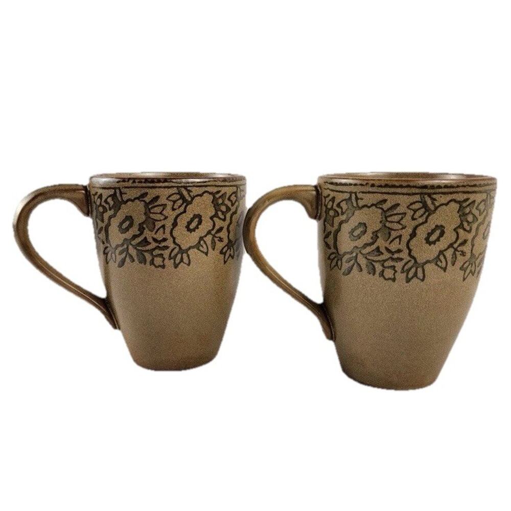 Pier 1 Stoneware Coffee Cups Mugs Brown Green Vintage Boho Floral Set Of 2‎
